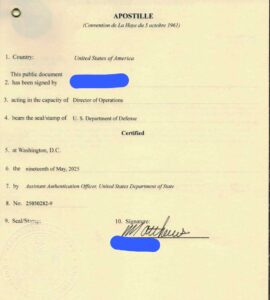Authentic apostille issued by the United States Department of State for international document use